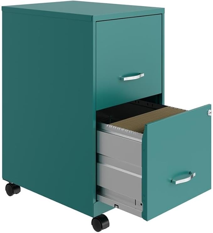 UrbanPro 2-Drawer Metal Mobile File Cabinet, 18" D x 14.25" W x 26.70" H, Turquoise Finish, Smooth Glide Suspension, Lockable Storage, Painted Steel, Compact Vertical Filing for Home or Office