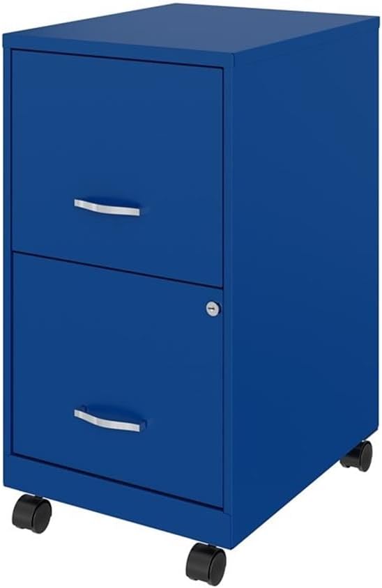 UrbanPro 18" 2-Drawer Metal Mobile Filing Cabinet, Blue Finish, Smooth Glide Suspension, Lockable Letter Storage, Easy Roll Casters, Compact Office Organization Solution