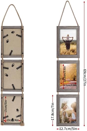 Lavezee 4x6 Collage Hanging Triple Picture Frames Set, Rustic 6 Opening Vertical Frame Made to Display 4 by 6 Inch Photo Postcard for Wall Decor