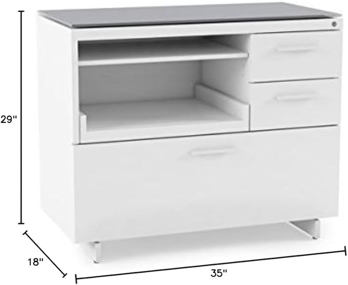 BDI Furniture Centro 6417-35'' Locking Lateral 3-Drawer File Cabinet with Letter or Legal-Size File Drawer, 2 Storage Drawers, Pull Out Printer Tray, Adjustable Shelf, Glass Top, Satin White