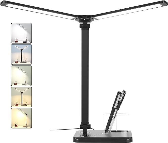 LED Desk Lamp with Dual Heads – 5 Colour Modes & 10 Brightness Levels, Adjustable Reading Light for Home Office, Bedroom, Study, and Craft (Black, Includes Adapter)