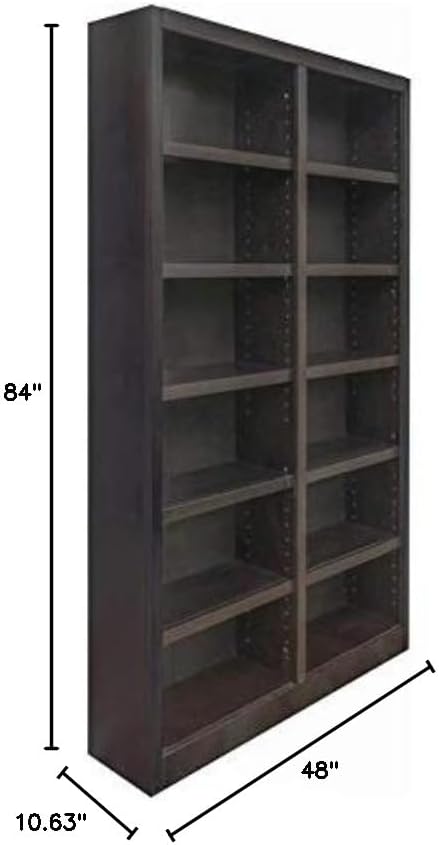 Concepts In Wood 84" Traditional Double Wide Wood Bookcase with 10 Adjustable Shelves & 2 Fixed Shelves, Assembly Required, for Laundry/Bedroom/Kitchen/Garage/Office, in Espresso Finish