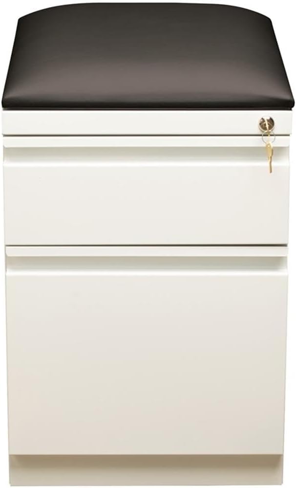 Pemberly Row 2-Drawer Metal Mobile Filing Cabinet, 23.75" H x 15.00" W x 19.88" D, Steel Construction, White/Black Finish, Hidden Casters, Cushion Seat, Letter-Size Hanging File Storage for Office Use
