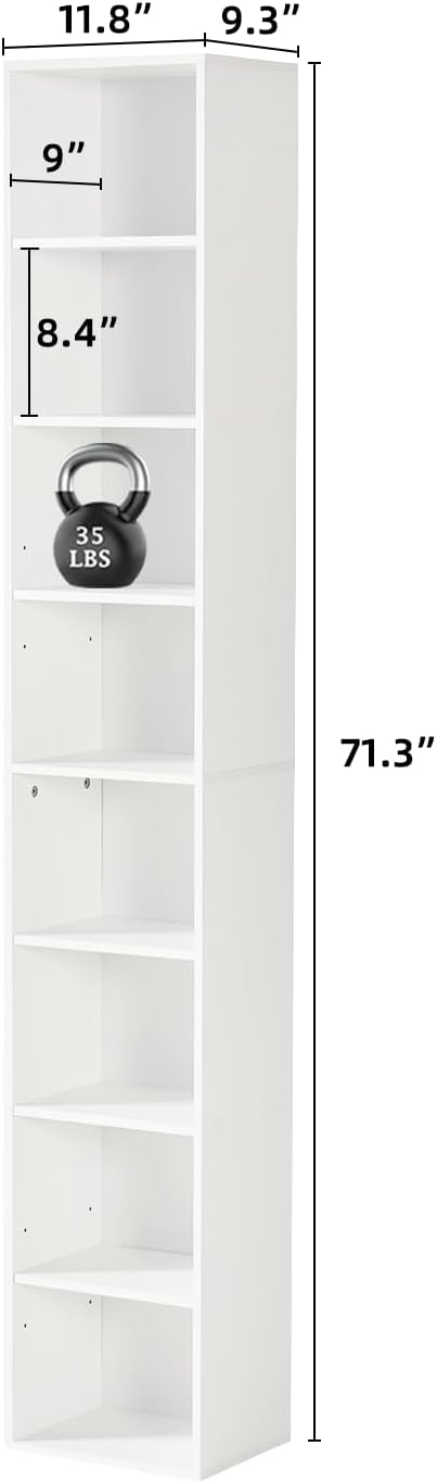 8-Tier Narrow Bookshelf, 71.5" Tall Corner Bookcase, Modern Book Shelf with Storage Space, Wooden Display Storage Shelves for Bedroom, Living Room and Office, White