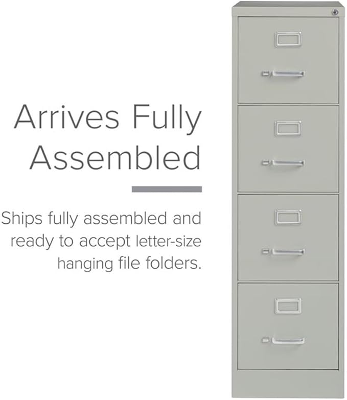 Pemberly Row 4-Drawer Vertical Filing Cabinet, 22 in Deep Metal Construction, Light Gray Finish, Commercial Grade with Lock, Ball-Bearing Suspension, Letter-Size File Storage for Office or Home Use
