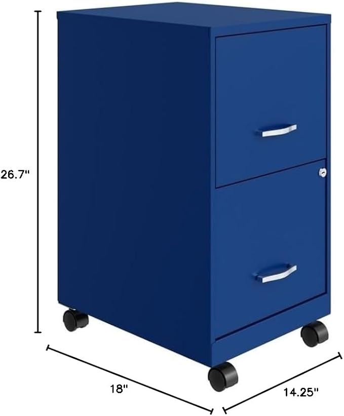 UrbanPro 18" 2-Drawer Metal Mobile Filing Cabinet, Blue Finish, Smooth Glide Suspension, Lockable Letter Storage, Easy Roll Casters, Compact Office Organization Solution