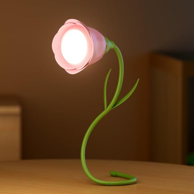 Rechargeable Flower Desk Lamp Infinite Dimming Trichromatic Temperature Adjustable Brightness Memory LED Light for Bedroom Study Office (Pink,Rose)