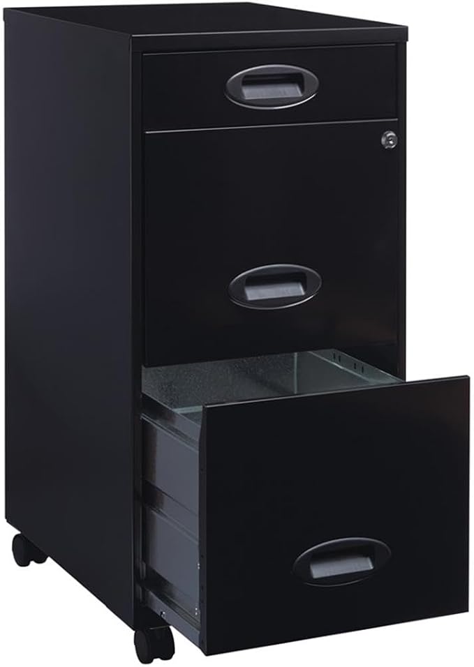 Scranton & Co 3-Drawer Metal Filing Cabinet, 18" D x 14.25" W x 29.52" H, Black Finish, Includes Pencil Drawer, Locking Storage, Casters for Mobile Home or Office Organization