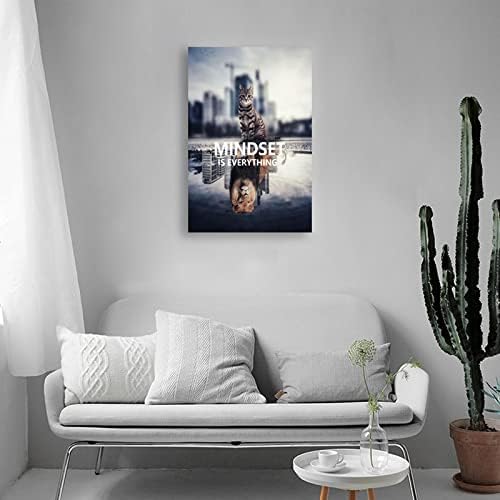 Mindset is Everything Canvas Wall Art Cute Animal Poster Cat Lion Picture Printing Inspiring Picture Frame Artwork Modern Home Decoration Office Living Room Ready to Hang[24''W x 36''H]