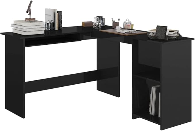L-Shaped Corner Desk with 2 Open Shelves,Modern Writing Computer Desk, Home Office Desk Writing Study Table PC Desk Workstation, High Gloss Black 47.2"x55.1"x29.5" Engineered Wood(C)