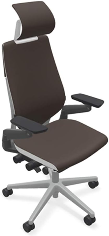 Steelcase Gesture Office Desk Chair with Headrest in Elmosoft Genuine Espresso L133 Leather Plus Lumbar Support High Platinum Metallic Frame with Seagull Seat/Back Merle Arms (Light/Light)