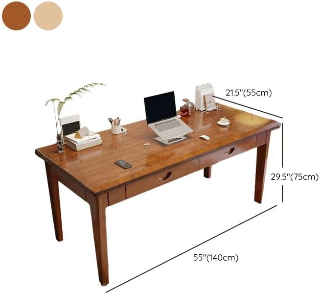 RUNNUP Modern Wood Writing Desk with 2 Drawers 55" Home Office Desk Simple Study Desk for Small Spaces, Without Chairs Nut-Brown