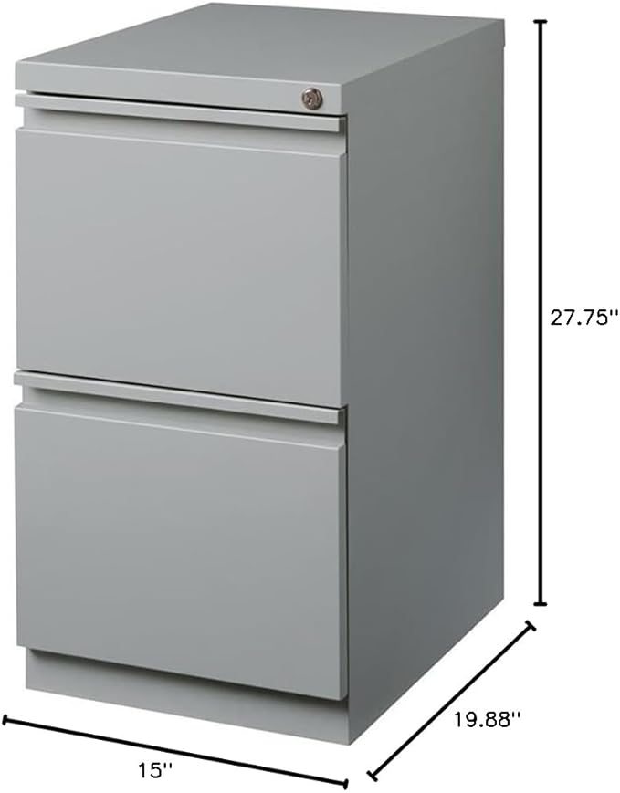 Bowery Hill Mobile Pedestal Filing Cabinet, 20" Depth, 2-Drawer File/File Configuration, Metal, Silver Finish, Lockable with Hidden Casters, Letter-Size File Storage, Commercial Grade Office Furniture