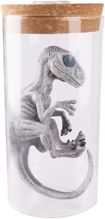 Dinosaur Specimen Jar Night Light, Realistic Raptor Figurine in Glass Bottle, LED Decor for Home/Desk (Velociraptor)