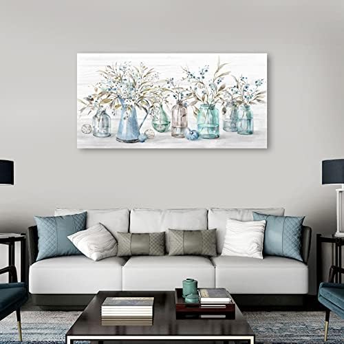 Yearainn Flowers Canvas Wall Art - Indigo Floral in Jar - Botanical Flower Bottle Canvas Artwork - 20" X 40" - Living Room, Bedroom, Office Wall Decor
