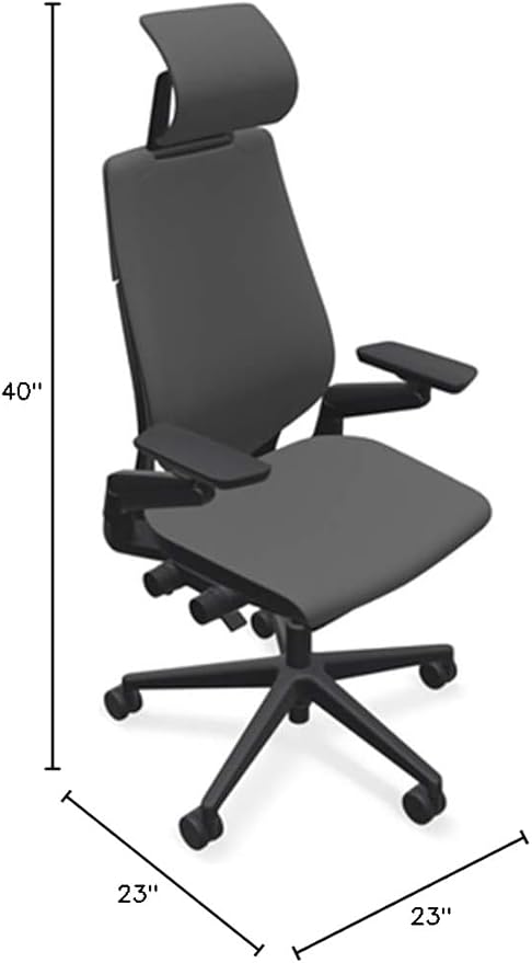 Steelcase Gesture Office Desk Chair with Headrest in Elmosoft Genuine Gunmetal L113 Leather Plus Lumbar Support Low Black Frame