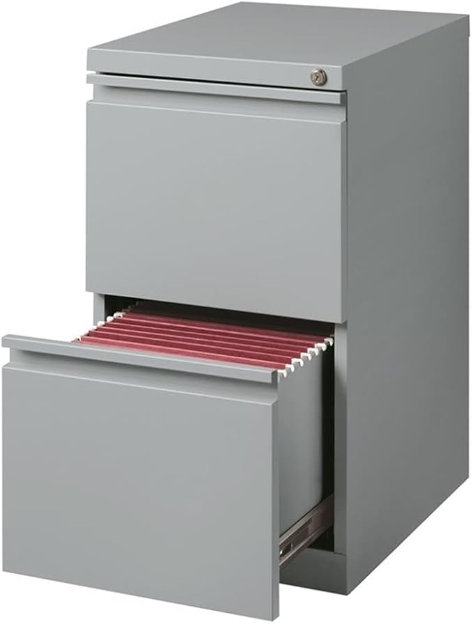 Bowery Hill Mobile Pedestal Filing Cabinet, 20" Depth, 2-Drawer File/File Configuration, Metal, Silver Finish, Lockable with Hidden Casters, Letter-Size File Storage, Commercial Grade Office Furniture