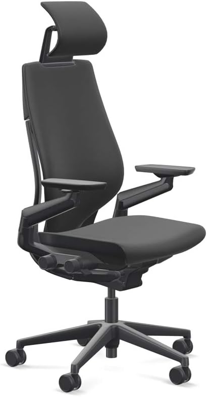 Steelcase Gesture Office Desk Chair with Headrest Plus Lumbar Support Cogent Connect Licorice 5S26 Fabric Low Black Frame Hard Floor Casters