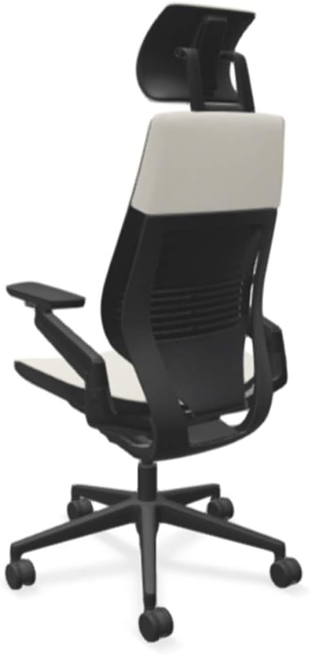 Steelcase Gesture Office Desk Chair with Headrest in Elmosoft Genuine White L151 Leather Plus Lumbar Support High Black Frame