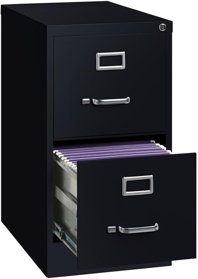 22" 2-Drawer Metal Vertical Filing Cabinet, Black Finish, Letter Size, Commercial Grade Durable Office Storage, Smooth Ball-Bearing Slides, Lockable Design