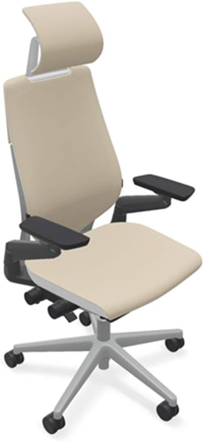 Steelcase Gesture Office Desk Chair with Headrest in Elmosoft Genuine Mica L114 Leather Plus Lumbar Support Platinum Metallic Frame with Seagull Seat/Back Merle Arms (Light/Light)