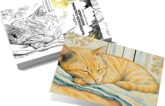 Artwink Watercolor Coloring Cards – Cat Theme, 15 Sheets (5x7 Inches, 300gsm), Works with Watercolor, Colored Pencils, or Markers, Great for Coloring Book Lovers & Watercolor Painting Practice