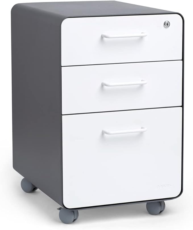 Poppin Stow 3-Drawer Rolling File Cabinet - Charcoal & White. Utility and Hanging File Drawers. Locking and Non-Locking Wheels. Powder-Coated Steel. Two Keys Included