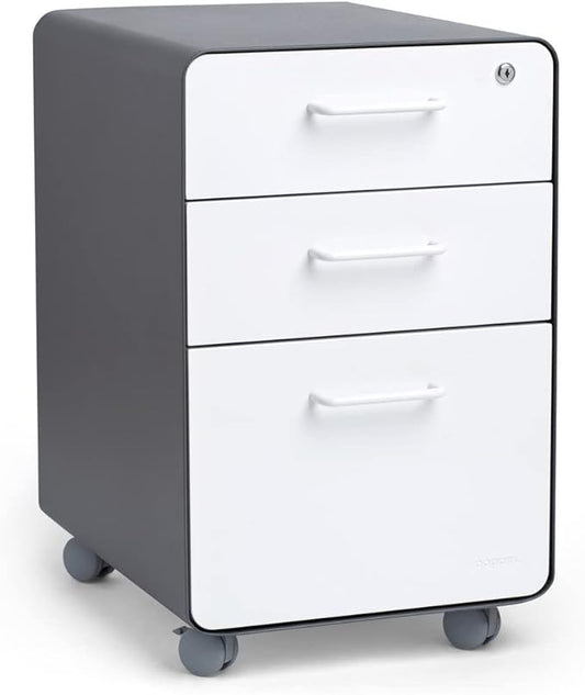 Poppin Stow 3-Drawer Rolling File Cabinet - Charcoal & White. Utility and Hanging File Drawers. Locking and Non-Locking Wheels. Powder-Coated Steel. Two Keys Included