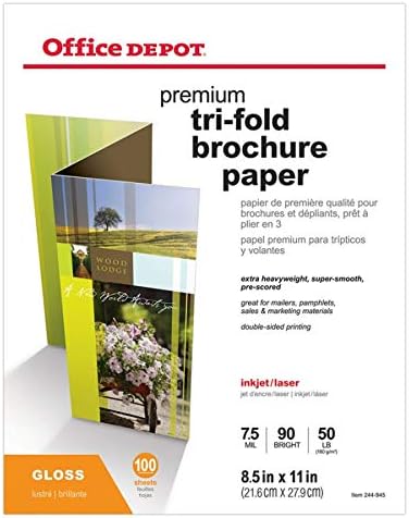 Office Depot Double-Sided Presentation Paper, Glossy, Tri-Fold, 8 1/2in. x 11in., 50 Lb, Pack Of 100 Sheets, 124214