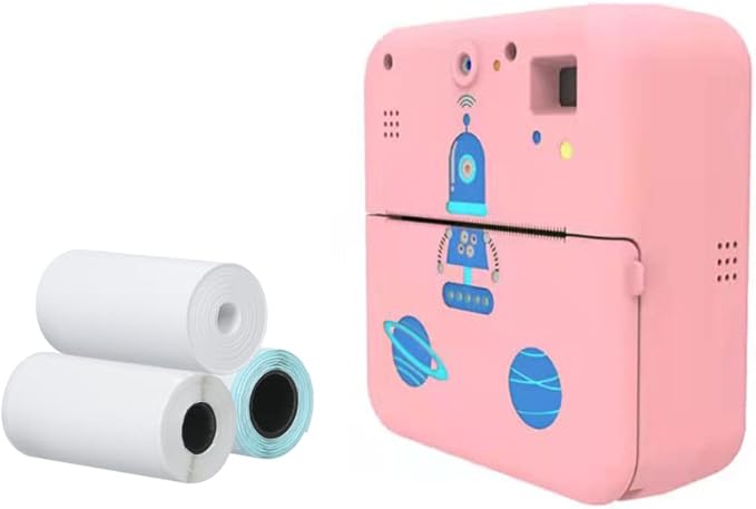 ZJchao 1080P Instant Print Camera Printer Thermal Label Printer with 10 Cartoon Photo Frames for Office and Home (Pink)