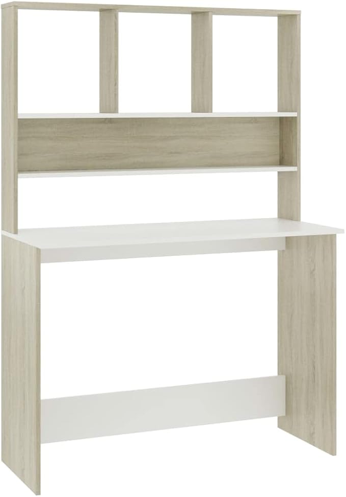 Modern Computer Desk Writing Study Table with Upper Cabinet, Home Office Student Table Laptop PC Writing Desk Home Office Writing Desk, White and Sonoma Oak 43.3"x17.7"x61.8"