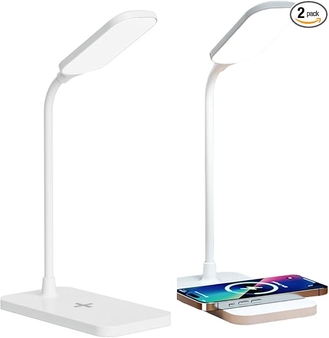 2PCS LED Desk Lamps, Table Lamp, Night Stand Light for Home, 3 Lighting Modes, Wireless Fast Charging, Desk Light Touch Control with Adjustable Gooseneck for Reading