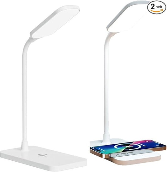 2PCS LED Desk Lamps, Table Lamp, Night Stand Light for Home, 3 Lighting Modes, Wireless Fast Charging, Desk Light Touch Control with Adjustable Gooseneck for Reading