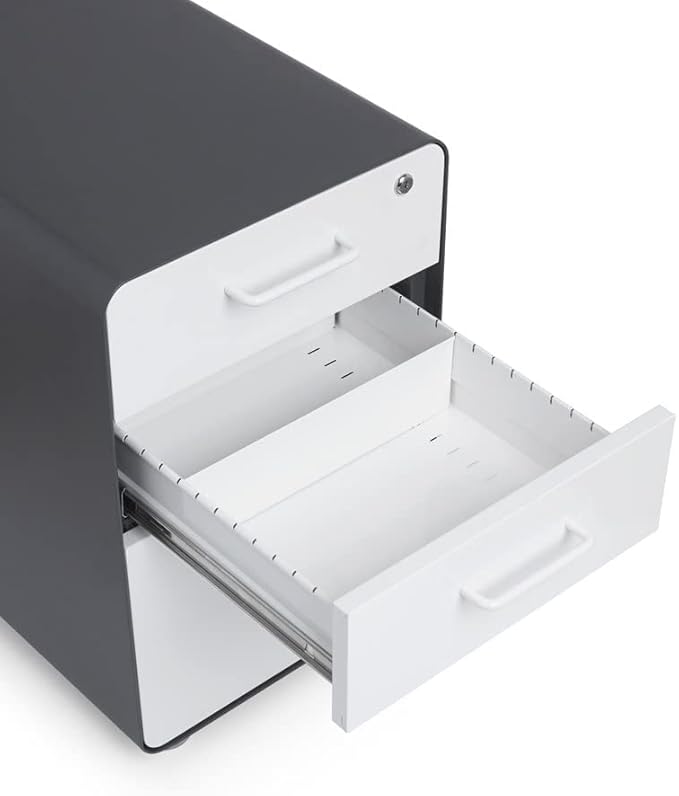 Poppin Stow 3-Drawer Rolling File Cabinet - Charcoal & White. Utility and Hanging File Drawers. Locking and Non-Locking Wheels. Powder-Coated Steel. Two Keys Included