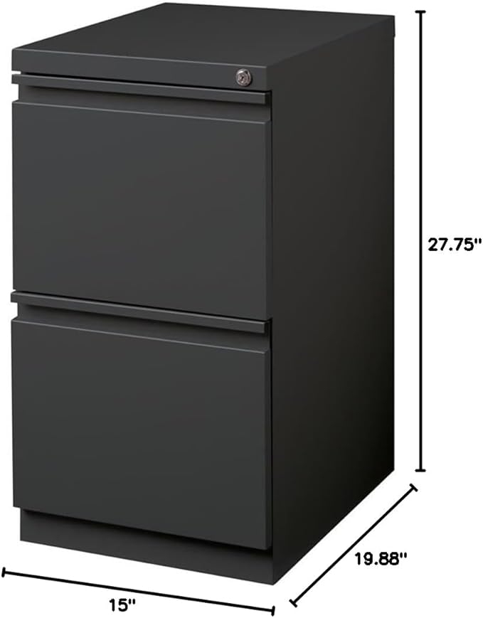 Bowery Hill Mobile Pedestal Filing Cabinet, 20"D, Steel, Charcoal Finish, 2-Drawer File/File Configuration, Hidden Casters, Lockable, Full Extension Drawers, Letter-Size Hanging Files, Office Storage