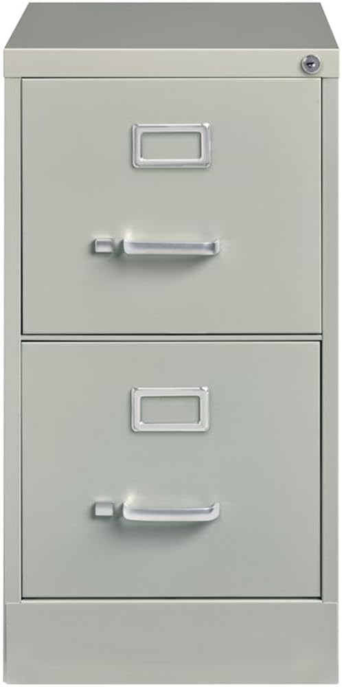Pemberly Row 22" 2-Drawer Metal Vertical Filing Cabinet, Light Gray Finish, Commercial Grade Steel Construction, Lockable Letter Width Drawers, Smooth Ball-Bearing Slides, Office Storage Solution
