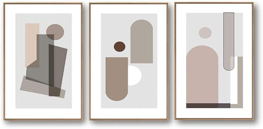 SIGNFORD Framed Wall Art Print Set Small & Large Transparent Polygons Abstract Shapes Digital Art Modern Art Contemporary for Living Room, Bedroom, Office - 24"x36"x 3 Panels Natural