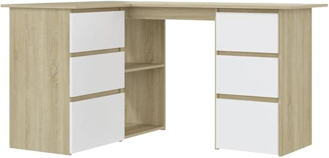 L Shaped Corner Desk Modern Writing Computer Desk, Home Office Desk Writing Study Table PC Desk Workstation for Bedroom, White and Sonoma Oak 57.1"x39.4"x29.9" Engineered Wood(F)