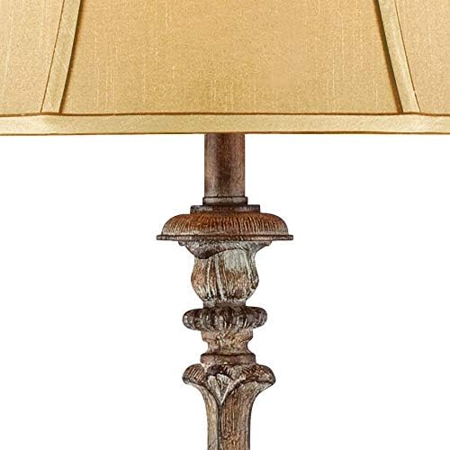 Regency Hill Rustic French Country Traditional Style Floor Lamp Standing 62" Tall Faux Wood Antique Candlestick Beige Silk Fabric Bell Shade Cottage Core Decor for Living Room Reading House Bedroom