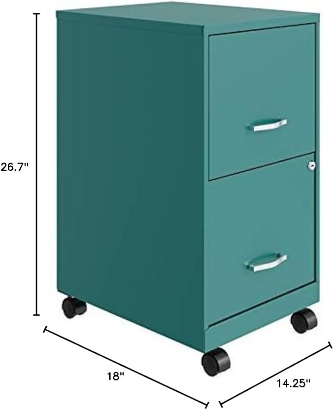 UrbanPro 2-Drawer Metal Mobile File Cabinet, 18" D x 14.25" W x 26.70" H, Turquoise Finish, Smooth Glide Suspension, Lockable Storage, Painted Steel, Compact Vertical Filing for Home or Office