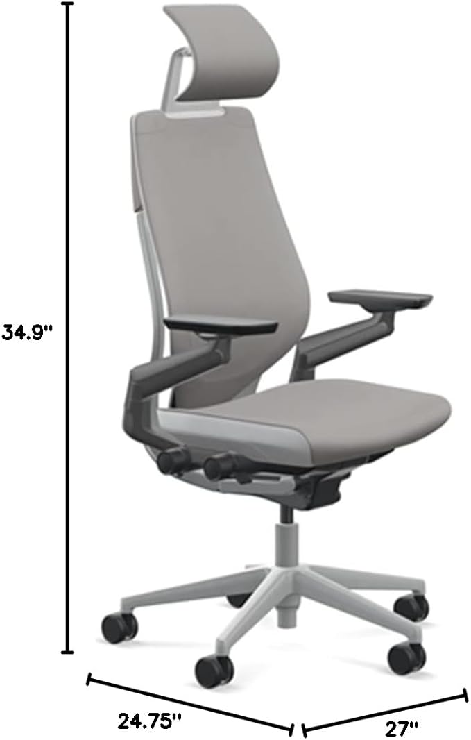 Steelcase Gesture Office Desk Chair with Headrest in Elmosoft Genuine Dove Grey L115 Leather Plus Lumbar Support Platinum Metallic Frame with Seagull Seat/Back Merle Arms (Light/Light)