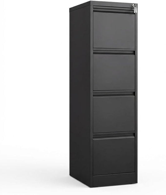 4 Drawer File Cabinet, Heavy Duty Vertical Filing Cabinets with Lock, Metal Steel Storage Cabinet for Office and Home, Assembly Required, Black