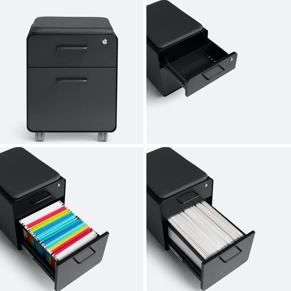 Poppin Mobile Mini Sittable Stow Rolling File Cabinet - Black with Black Seat Cushion. Two Locking Drawers and One Key Lock. Two Keys Included. One Utility Drawer and One Hanging File Drawer