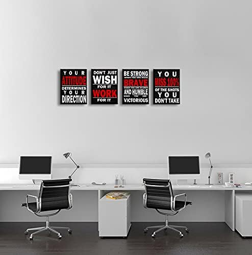 Inspirational Wall Art Poster Quote Motivational Wall Art for Office Living Room Bedroom Gym Black and White Red Positive Quotes Funny Office Wall Decor Sign 4 pieces