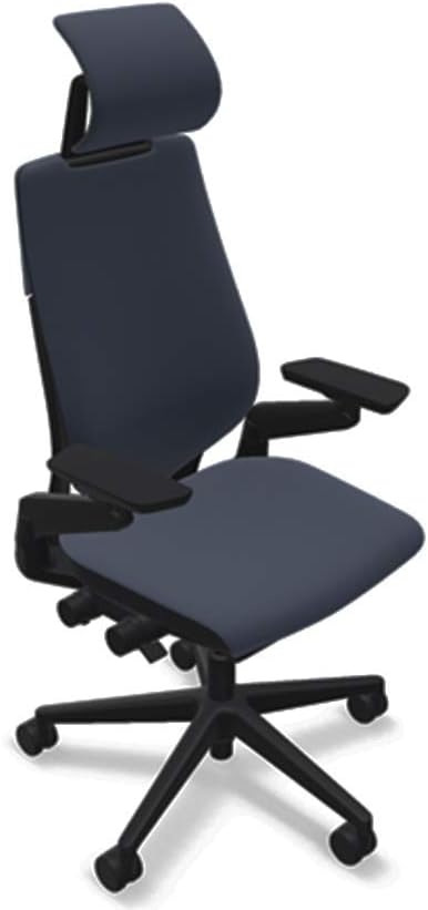 Steelcase Gesture Office Desk Chair with Headrest in Elmosoft Genuine Midnight Blue L111 Leather Plus Lumbar Support High Black Frame