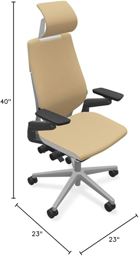 Steelcase Gesture Office Desk Chair with Headrest in Elmosoft Genuine Chamois L144 Leather Plus Lumbar Support Low Platinum Metallic Frame with Seagull Seat/Back Merle Arms (Light/Light)