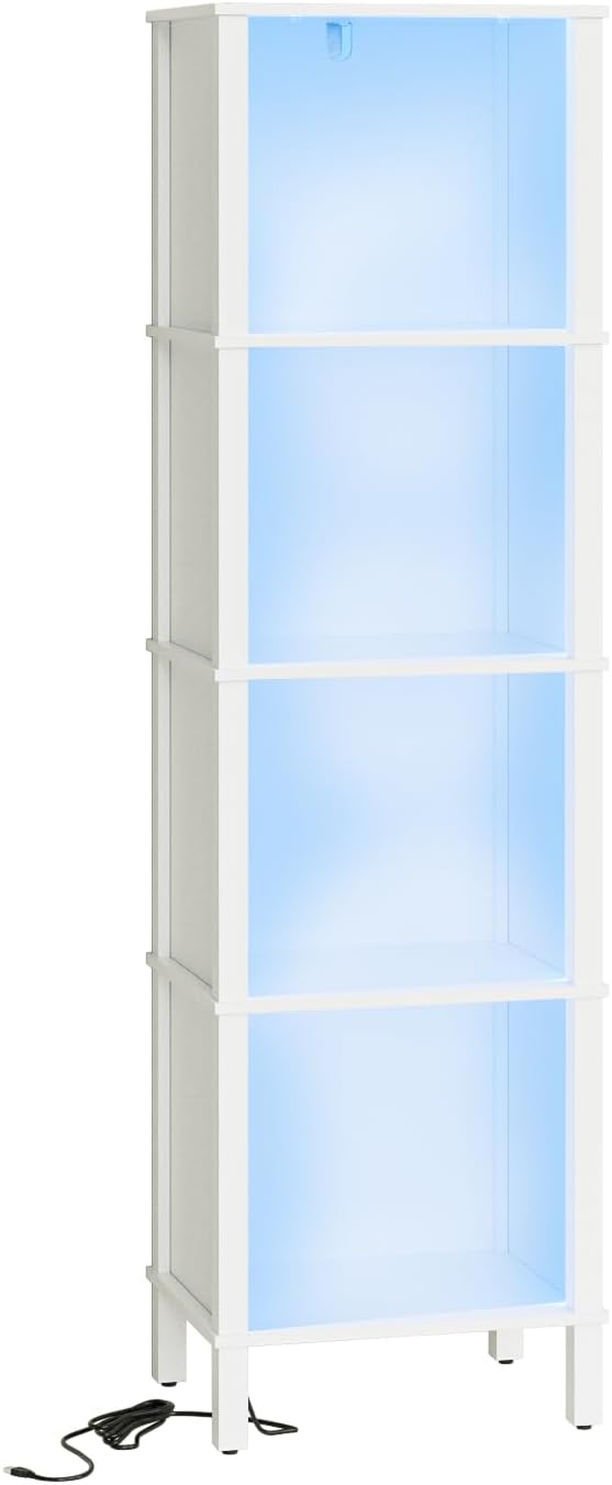 Bookshelf with LED Lights, Modern 4-Tier Bookcase, Open Storage Book Shelf, 11 × 14.2 × 50.4 Inches, Small Narrow Bookshelves for Living Room, Home Office, Bedroom, White