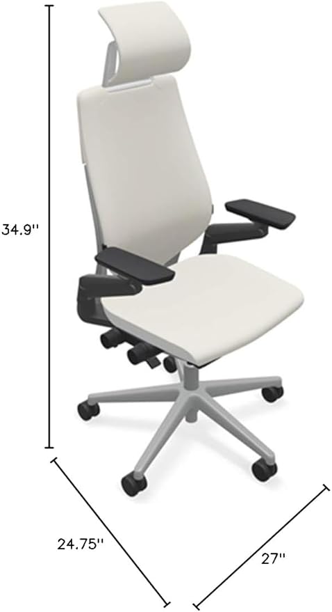 Steelcase Gesture Office Desk Chair with Headrest in Elmosoft Genuine White L151 Leather Plus Lumbar Support High Platinum Metallic Frame with Seagull Seat/Back Merle Arms (Light/Light)