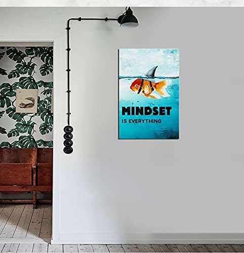 Mindset is Everything Inspirational Goldfish Shark Picture Canvas Wall Art Inspiring Entrepreneur Painting Poster Print Artwork Office Decoration Living Room Bedroom Ready to Hang[24''W x 36''H]