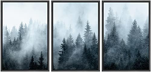 SIGNWIN Framed Canvas Print Wall Art Set Winter Fog Mist Pine Tree Mountain Forest Nature Wilderness Photography Modern Art Landscape Relax/Calm for Living Room, Bedroom, Office - 24"x36"x3 Black
